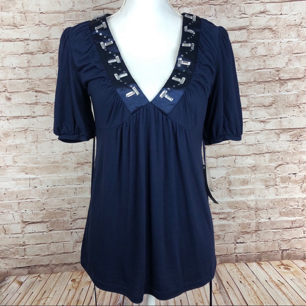 Apt 9 Navy Blue Top Size Small NWT V-Neck Gathered Front Tie Back Blouse